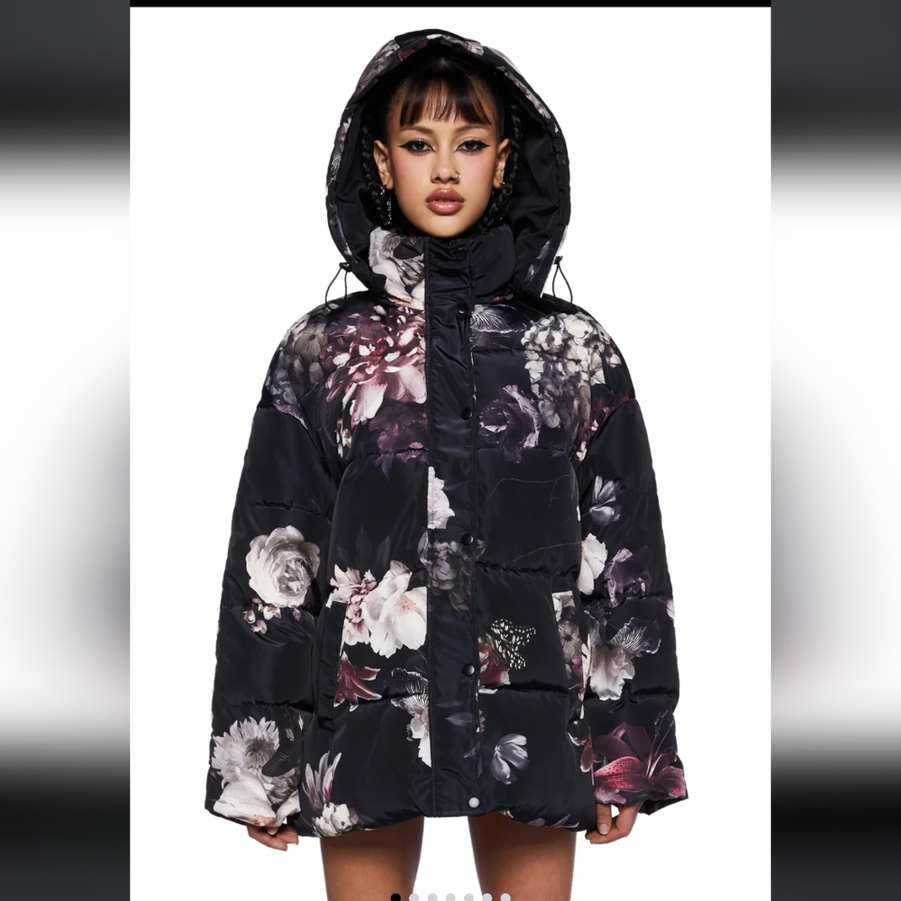Dolls Kill Floral Black Women's Puffer Jacket